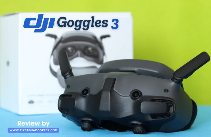 DJI Goggles 3 worn by FPV pilot during flight with clear digital video feed