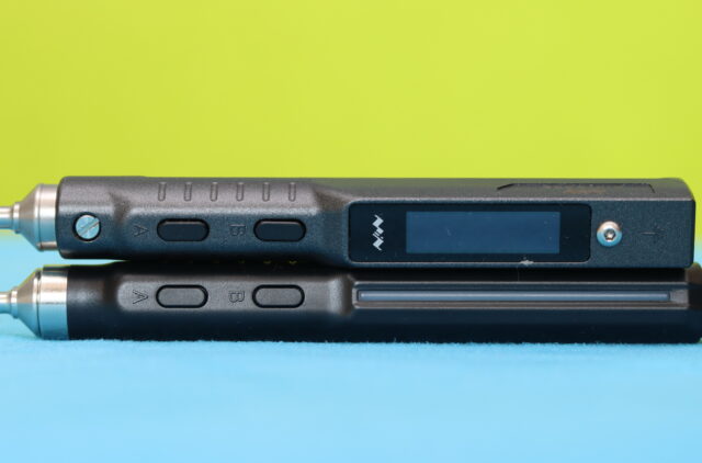 Miniware H100 and TS101 soldering irons comparison side by side showing size, display, and tip design differences