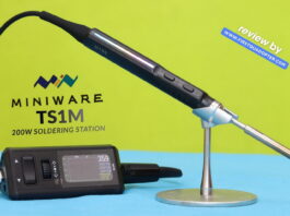 MINIWARE TS1M review: 200W Mini Soldering Station Miniware TS1M ultra-compact 200W USB-C soldering station with active tip handle, OLED display base, and portable design on a workbench