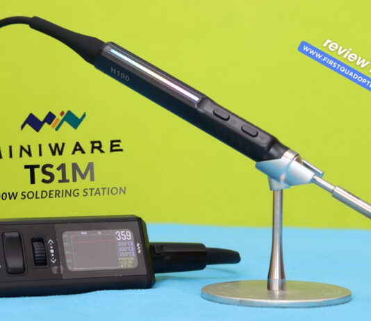 MINIWARE TS1M review: 200W Mini Soldering Station Miniware TS1M ultra-compact 200W USB-C soldering station with active tip handle, OLED display base, and portable design on a workbench