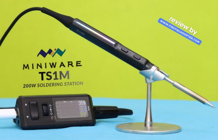 MINIWARE TS1M Review – 200W Ultra-Compact Smart Soldering Station Miniware TS1M ultra-compact 200W USB-C soldering station with active tip handle, OLED display base, and portable design on a workbench