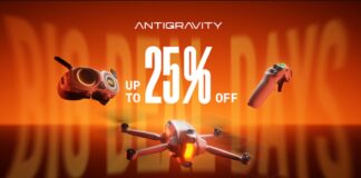 Promotional banner advertising the Antigravity A1 360° camera drone summer sale with a 25% discount.