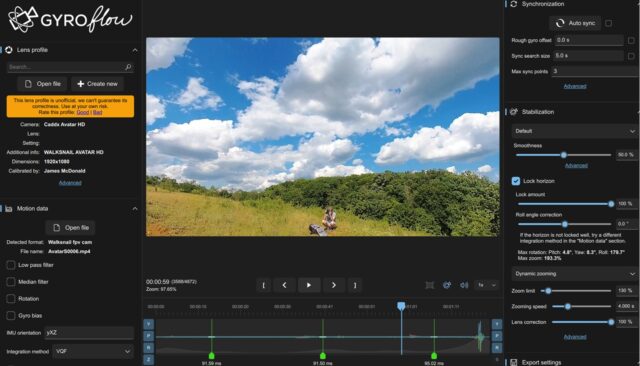 Gyroflow desktop application interface displaying stabilization settings and a video preview from the Walksnail Avatar GT2 kit with Avatar HD Pro camera, including gyro data synchronization and footage processing options.