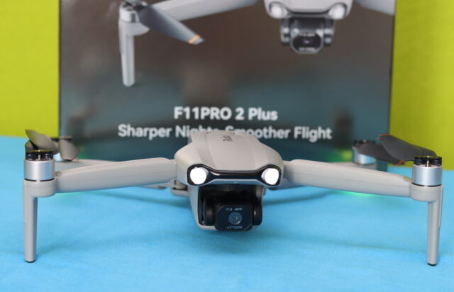 Close-up of the Ruko F11PRO 2 Plus front-facing LED lights used for orientation and visibility during flight, especially in low-light conditions.