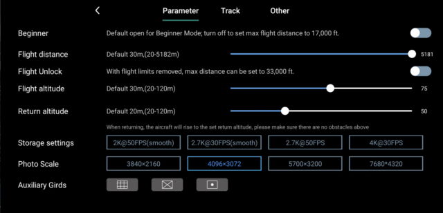 Screenshot or display of Ruko Mini drone flight parameter settings menu showing GPS modes, altitude limits, sensitivity controls, and configuration options for flight tuning.