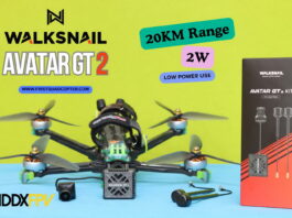 Walksnail Avatar GT2 review showing the long-range digital FPV VTX and camera system installed on an FPV drone, featuring dual antennas, MMCX connectors, active cooling fan, and Sony Starvis II camera for HD video transmission. The review evaluates image quality, range performance, latency, OSD functionality, and compatibility with Goggles X.