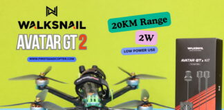 Walksnail Avatar GT2 review showing the long-range digital FPV VTX and camera system installed on an FPV drone, featuring dual antennas, MMCX connectors, active cooling fan, and Sony Starvis II camera for HD video transmission. The review evaluates image quality, range performance, latency, OSD functionality, and compatibility with Goggles X.