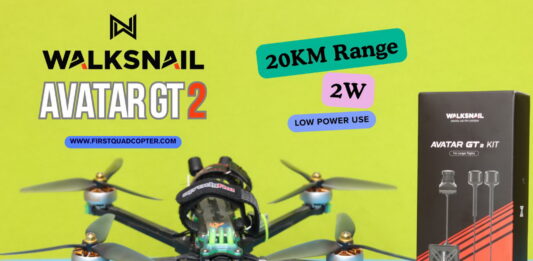 Walksnail Avatar GT2 review showing the long-range digital FPV VTX and camera system installed on an FPV drone, featuring dual antennas, MMCX connectors, active cooling fan, and Sony Starvis II camera for HD video transmission. The review evaluates image quality, range performance, latency, OSD functionality, and compatibility with Goggles X.