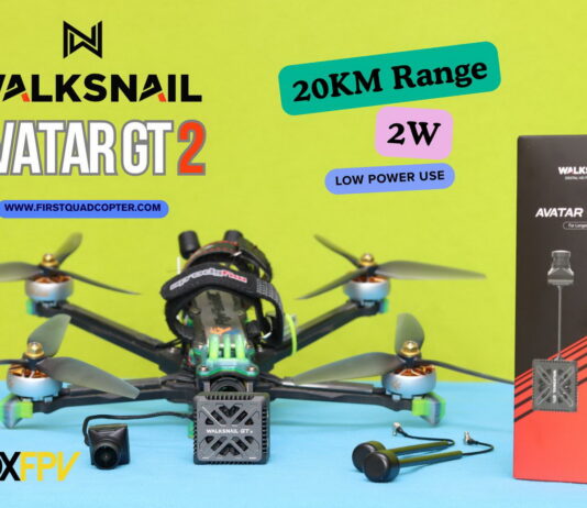 Walksnail Avatar GT2 review showing the long-range digital FPV VTX and camera system installed on an FPV drone, featuring dual antennas, MMCX connectors, active cooling fan, and Sony Starvis II camera for HD video transmission. The review evaluates image quality, range performance, latency, OSD functionality, and compatibility with Goggles X.