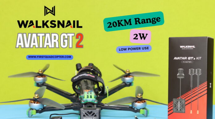 Walksnail Avatar GT2 review showing the long-range digital FPV VTX and camera system installed on an FPV drone, featuring dual antennas, MMCX connectors, active cooling fan, and Sony Starvis II camera for HD video transmission. The review evaluates image quality, range performance, latency, OSD functionality, and compatibility with Goggles X.
