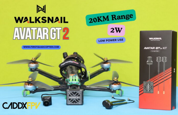 Walksnail Avatar GT2 review showing the long-range digital FPV VTX and camera system installed on an FPV drone, featuring dual antennas, MMCX connectors, active cooling fan, and Sony Starvis II camera for HD video transmission. The review evaluates image quality, range performance, latency, OSD functionality, and compatibility with Goggles X.