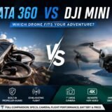 DJI Avata 360 vs DJI Mini 5 Pro comparison banner showing the rumored FPV drone with a 360-degree camera alongside DJI's upcoming foldable camera drone, highlighting camera features, flight performance, battery life, and key specifications.
