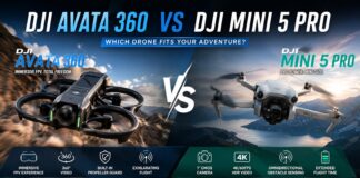 DJI Avata 360 vs DJI Mini 5 Pro comparison banner showing the rumored FPV drone with a 360-degree camera alongside DJI's upcoming foldable camera drone, highlighting camera features, flight performance, battery life, and key specifications.