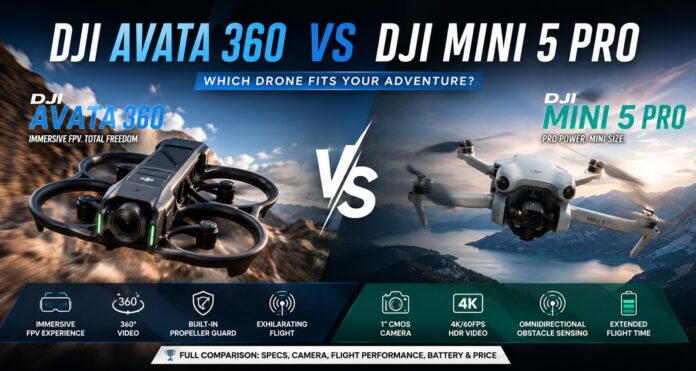 DJI Avata 360 vs DJI Mini 5 Pro: Which One Better Fits Your Needs? DJI Avata 360 vs DJI Mini 5 Pro comparison banner showing the rumored FPV drone with a 360-degree camera alongside DJI's upcoming foldable camera drone, highlighting camera features, flight performance, battery life, and key specifications.