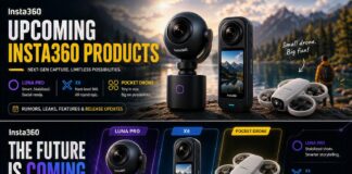 Concept image showcasing rumored Insta360 products expected to launch in 2026, including new 360 cameras and imaging devices.