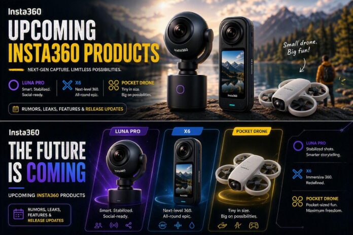 Upcoming Insta360 products: Luna Pro, X6 and Pocket drone Concept image showcasing rumored Insta360 products expected to launch in 2026, including new 360 cameras and imaging devices.