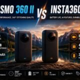 Stylized comparison of DJI Osmo 360 II and Insta360 X6 8K 360-degree cameras showing video resolution, battery capacity, and internal storage against a mountain lake background.