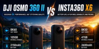 Stylized comparison of DJI Osmo 360 II and Insta360 X6 8K 360-degree cameras showing video resolution, battery capacity, and internal storage against a mountain lake background.