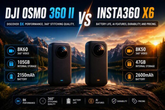 DJI Osmo 360 II vs Insta360 X6: Which Is the Best 360° Camera for 2026? Stylized comparison of DJI Osmo 360 II and Insta360 X6 8K 360-degree cameras showing video resolution, battery capacity, and internal storage against a mountain lake background.